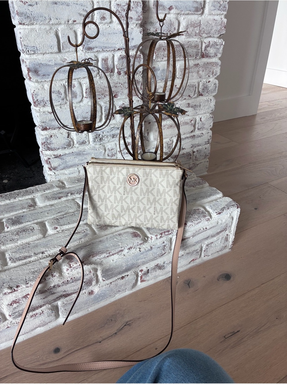 Michael Kors Beige Logo Crossbody with Pink-Tan Strap